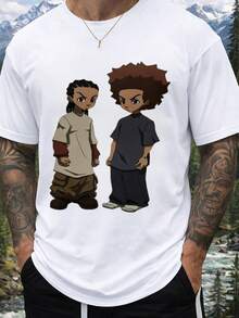 Men's Relaxed Fit All Seasons T-Shirt - Comfortable And Stylish Crew Neck Short Sleeve T-Shirt With Two Boys Print, Loose And Casual Fit For Informal Wear, Machine Washable, Men's Summer Clothing. - 白色 - 查看 1