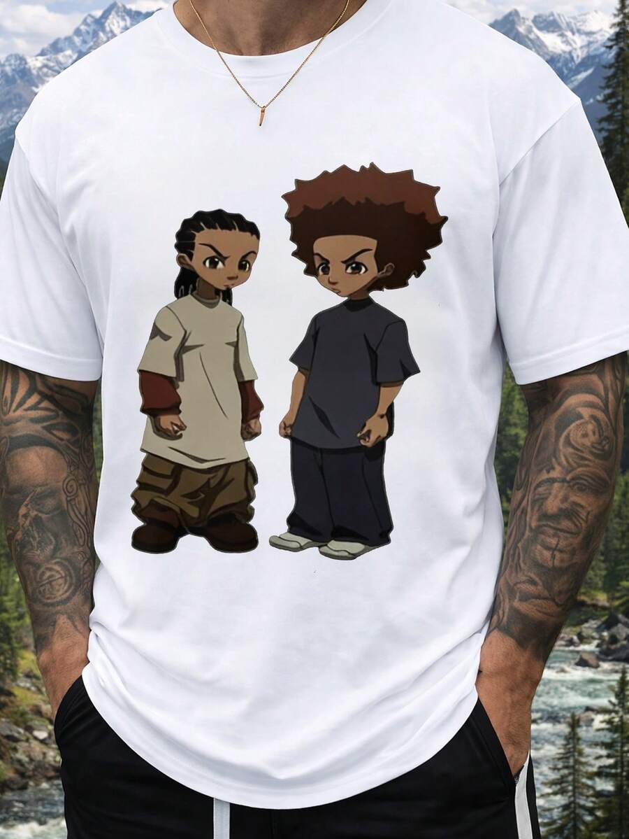 Men's Relaxed Fit All Seasons T-Shirt - Comfortable And Stylish Crew Neck Short Sleeve T-Shirt With Two Boys Print, Loose And Casual Fit For Informal Wear, Machine Washable, Men's Summer Clothing. - 白色 - 查看 1