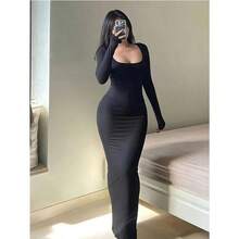 Vestido ajustado liso de manga larga para mujer, vestido largo elegante básico minimalista informal con cuello redondo, ropa de mujer - vino tinto - Ver 2