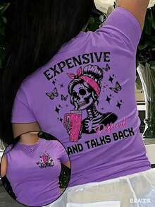 Women's Skull Print T-Shirt - A  Crew Neck T-Shirt With Butterfly And Star Print, Featuring The Slogan "Expensive Talks Back", A Breathable Short Sleeve Casual T-Shirt For Spring And Summer, A Stylish Graphic T-Shirt With A Comfortable Fit. - 紫色 - 查看 9