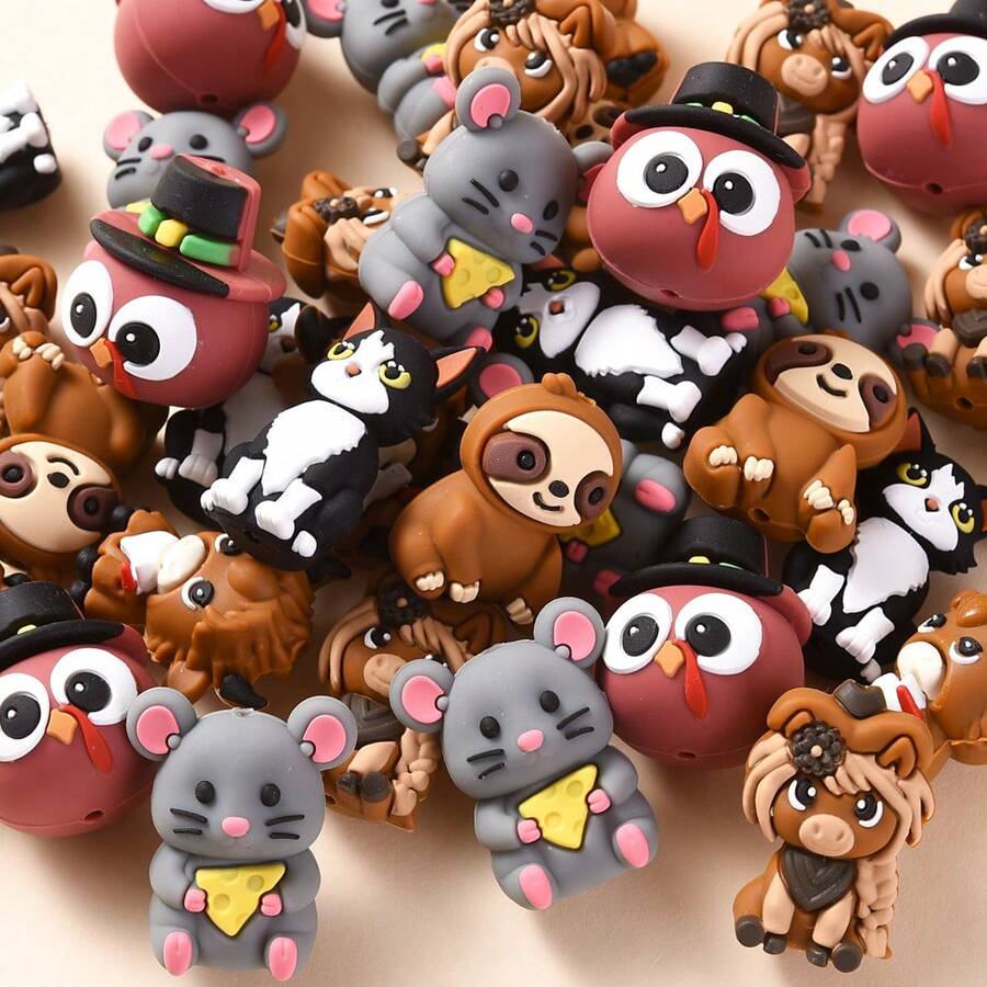 3颗动物造型硅胶珠,3D奶牛/猫/老鼠造型,可用于DIY手链、项链、包包挂饰及其他手工项目 - 彩色 - 查看 1
