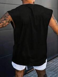 Men's Casual Letter Print Round Neck Dropped Shoulder Tank Top, Versatile For Summer - Black - View 3