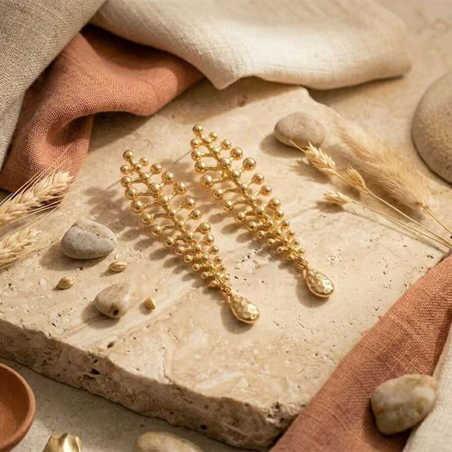 1 par de pendientes colgantes de metal con forma de hoja, de lujo y elegantes, con cuentas y diseño de gota martillada, apropiados para uso diario de mujeres, fiestas, ir al trabajo, banquetes, salidas, fotografía, compras, citas - Amarillo Oro - Ver 1