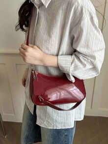 镜面抛光韩版女士手提包，新款时尚单肩包，简约新月形通勤手提包 - 紅色 - 查看 3