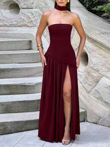 Vestido elegante y sexy de unicolor con abertura para fiesta, vacaciones y boda, color verde oscuro para primavera - Burdeos - Ver 1