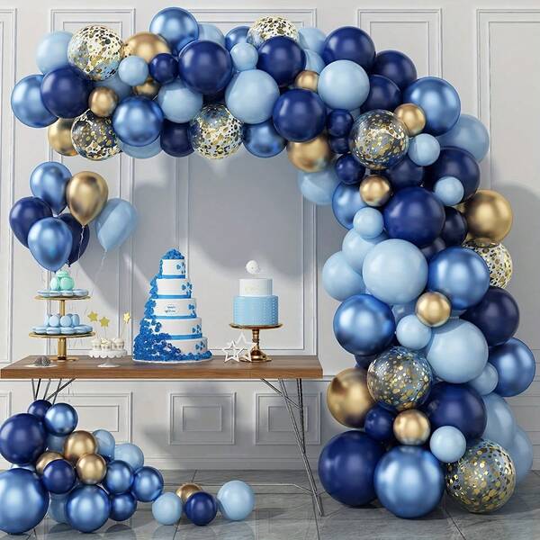 45pcs, Elegant Navy Blue Balloon Garland Arch Kit For Birthday, Wedding Decorations - Includes Metallic Blue And Macaron Blue Balloons, Golden Confetti, And Metallic Golden Balloons