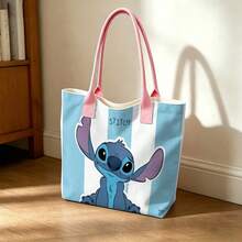 Miniso Túi tote vải canvas kẻ sọc xanh trắng Disney Stitch, túi đeo vai dùng hàng ngày. - trắng - Xem 2
