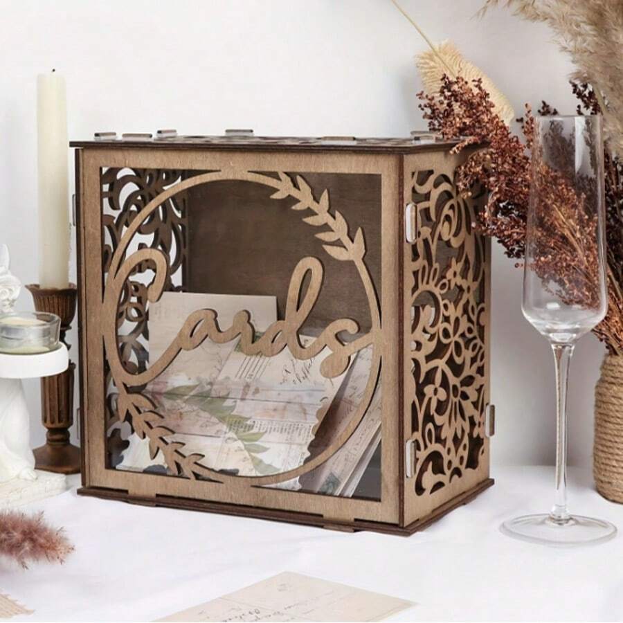1 pieza Caja de almacenamiento de tarjetas de madera vintage, saludo cálido para bodas y fiestas, adecuado para tarjetas de graduación, fiestas, almacenamiento de postales para registrar momentos preciosos - A - Ver 1