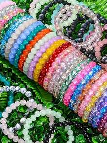 10pcs/Set 8mm/10mm Random Mixed Color Glass Beaded Women Bracelet Stacking Set, Birthday Gift For Friends & Couples - Multicolor - View 2