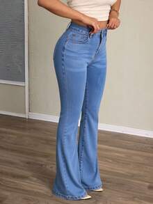 Light Blue Stretch Bell-Bottom Jeans, Butt Lift And Tummy Control - Dusty Blue - View 2