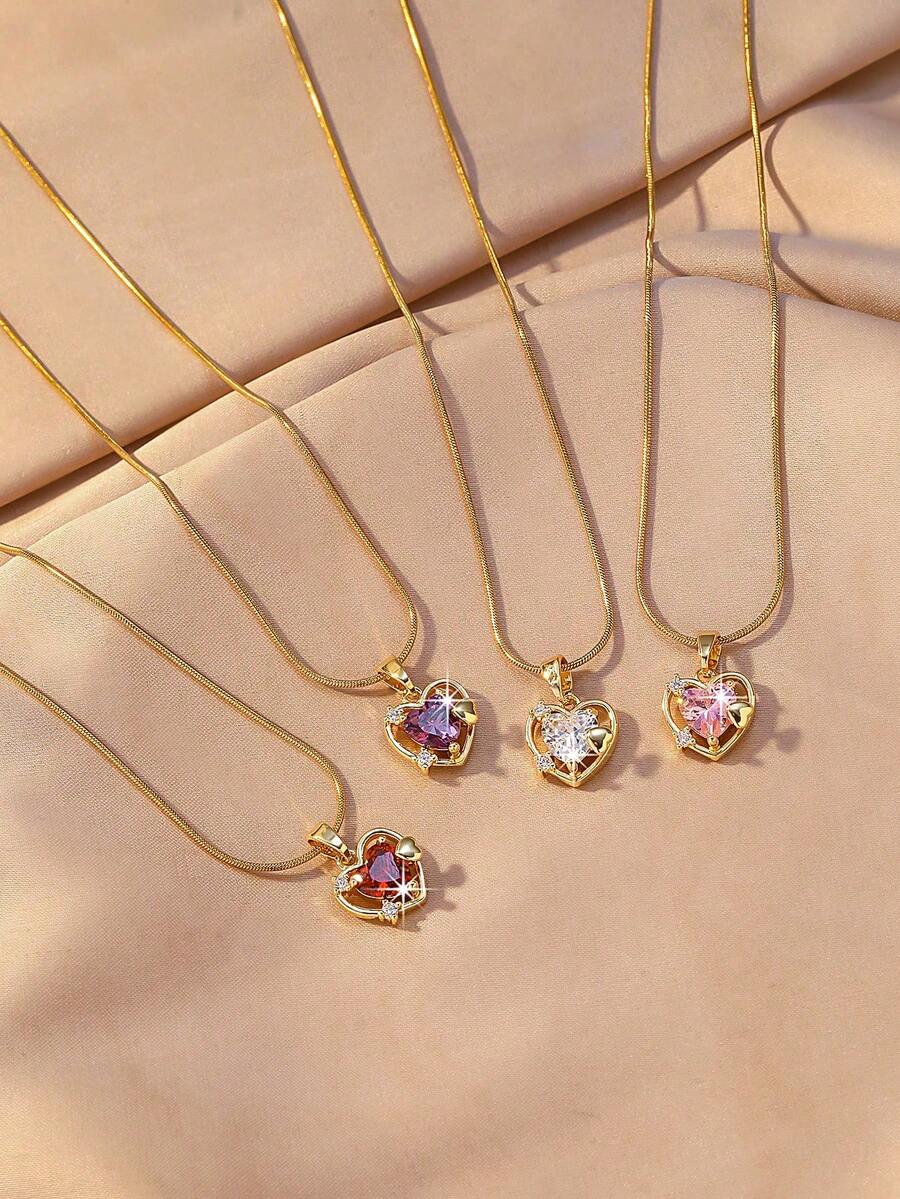 1pc Gold-Plated Necklace, Hollow Heart Pendant, Teardrop Cut, Inlaid With Ruby, Emerald, Sapphire, Pink Cubic Zirconia, Delicate O-Shape Chain, Suitable For Women's Daily Wear, Birthday Party, Valentine's Day, Wedding, Mother's Day, Engagement - Multicolor - View 1