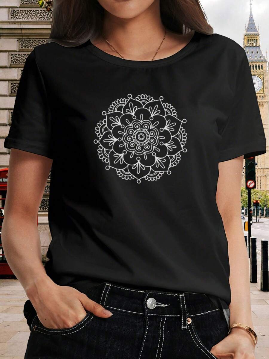 Camiseta de manga corta con estampado de mandala de las mujeres - camiseta estampada de estilo bohemio, top casual de cuello redondo de cuello suelto, transpirable y lavable en máquina, adecuado para ropa casual, vies, oficina, ropa de vie, estilo vintage, primavera, verano y otoño.