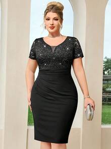 Plus Size Deep V-Neck Sequin Floral Lace Patchwork Bodycon Dress Black Elegant Summer - Black - View 4