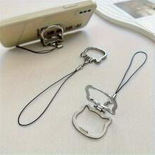 2-In-1 Foldable Aluminum Alloy Cat-Shaped Phone Lanyard With Built-In Stand, Desk Mount Accessory - Silver - View 2