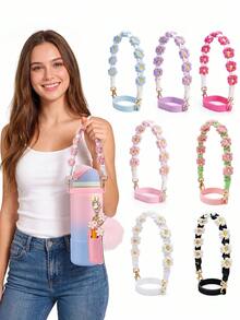 1pc Floral Water Bottle Handle Strap, Adjustable Universal Cup Holder, Cup Accessory, Water Bottle Lanyard, Water Bottle Decoration, Suitable For 20 To 40 Oz Sports Cups, Suitable For Fitness, Camping And Outdoor Activities - Flower Handle - View 3