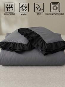 2/3pcs Deep Gray With Black Ruffle Trim, 1pc Duvet Cover + 1/2pcs Pillowcase (Inserts Not Included), Suitable For Indoor Decor, Daily Use, Polyester Soft & Skin-Friendly, Applicable For Master Bedroom, Guest Room, Secondary Bedroom, All Seasons - Multicolor - View 6