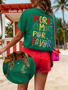 Camiseta gráfica para mujer , estilo casual de manga corta, top lindo para el verano.Conjuntos de verano bonitos para mujeres.Camiseta Zumba para mujer.Ropa de playa para mujer.Camisetas para damas para el verano.Conjunto de ropa de día a día para mujer - Verde 3 - Ver 5