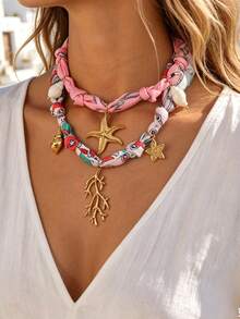 1pc Bohemian Style Ocean Inspired Y2K Creative Fashion: Elegant, Exquisite, Sweet, Charming Luxury Sunshine/Heart/Lip/Strawberry/Balloon Dog/Rainbow Pendant Scarf Printed Fabric Necklace, Suitable For Women, Sisters, Couples, Prom Or Graduation Gifts; Suitable For Daily Wear, Dates, Parties, Weddings, Holidays And Summer Beach Vacations; Affordable Price - Color - View 7