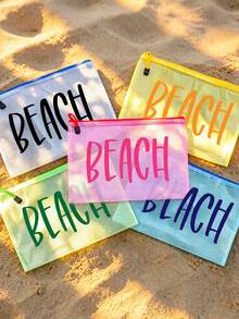 多色防水時尚網格海灘包，印有「Beach」字樣的化妝包，海灘主題。乾濕兩用包，大容量透明化妝包，尼龍拉鍊盥洗包，輕巧，可裝防曬乳、零食、比基尼和海灘必需品。春夏收納，輕巧便攜，男女皆適用，海灘包配件，旅行必需品，旅行配件，度假必需品。返校用品盥洗包，大容量洗澡包，女性禮物，母親節禮物，教師節禮物，郵輪必需品 - 彩色 - 查看 4
