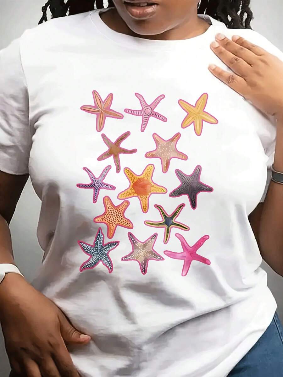 Women's Casual Spring Festival Round Neck Short Sved Top Can Be Worn For Everyday Wear. Starfish Print Makes A Great Gift For Friends And Family. - 白色 - 查看 1