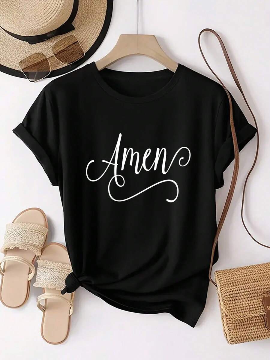 The Handwritten White "Amen" Print On The T-Shirt Is Elegant And Minimalist. This , Short-Sleeved, Crew-Neck, Everyday Hot T-Shirt For Women Features A Patterned Print And Offers Comfortable Wear. - 黑色 - 查看 1