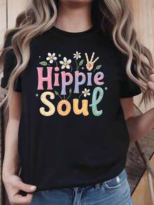 Camiseta con tema de alma hippie de las mujeres | Daisy & Paz Sign Slogan Decor, manga corta casual, rosa-púrpura-amarillo retro hippie Vibe, espíritu libre Top diario - Negro - Ver 2