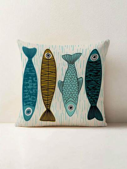 1 pieza Funda de cojín con patrón de peces de línea vintage, funda de almohada cuadrada de terciopelo con estampado creativo, adecuada para sala de estar, dormitorio, decoración del hogar, cojín de sofá, cojín de coche, para todas las estaciones