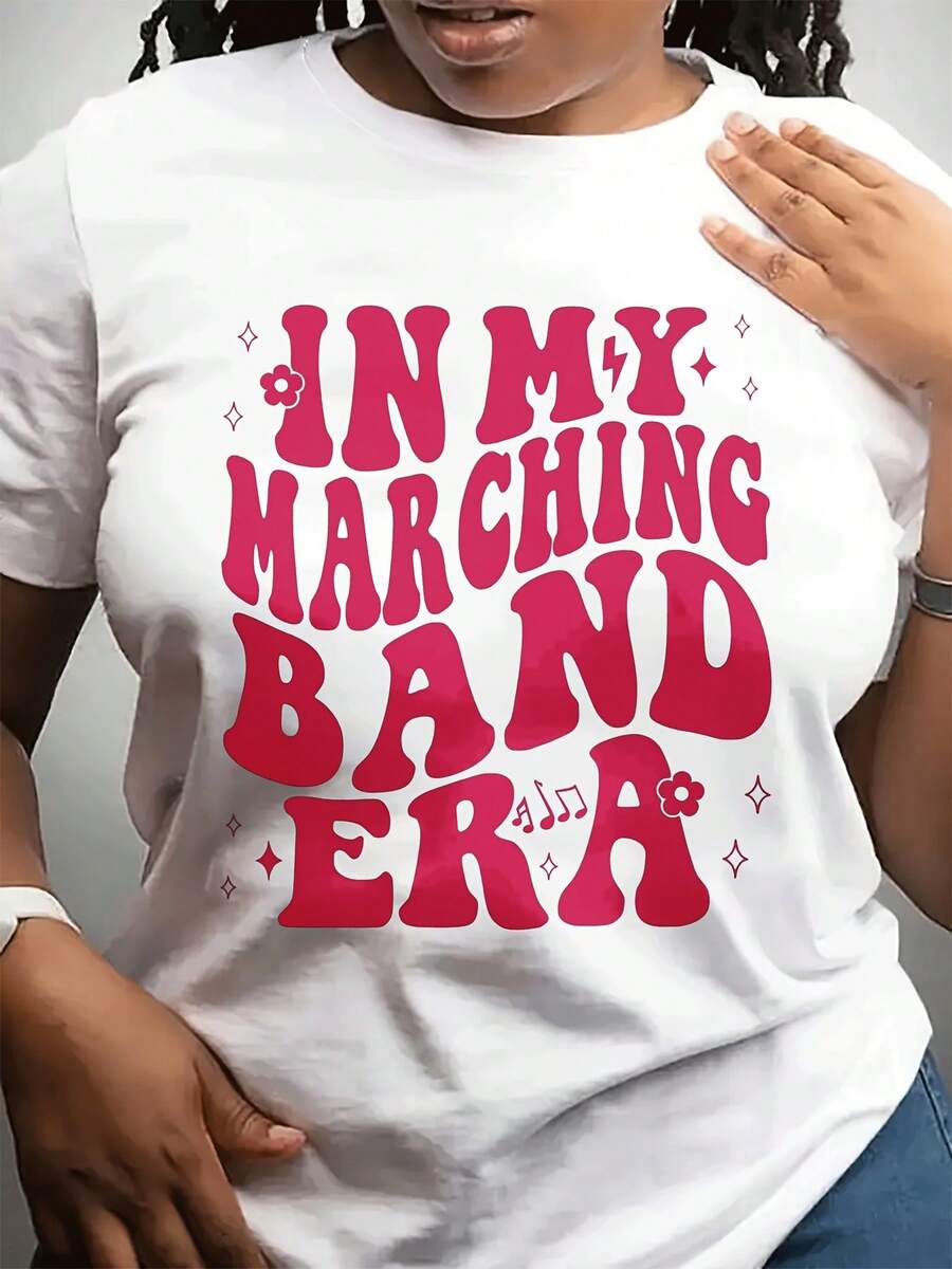Women's Casual Crew Neck Band Style T-Shirt, My MARCHONG Band Had Text, Youthful Style; Suitable For Band Enthusiasts - 白色 - 查看 1
