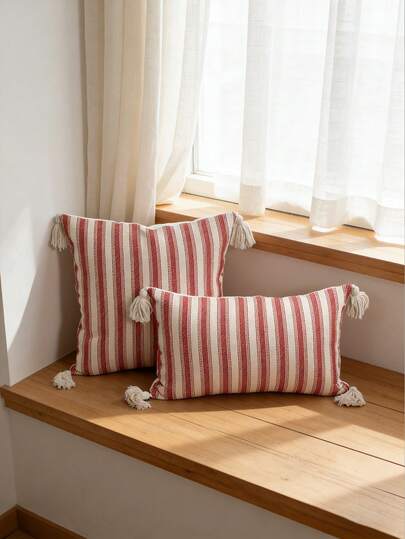 Boho Red & White Striped Throw Pillow Cover With Tassels, Woven Textured Farmhouse Cushion Case, Neutral Rustic Pillow Sham For Sofa Couch Bedroom Living Room Home Decor, Pillow Cover Only No Insert, 45x45cm(18x18inch) / 30x50cm(12x20inch)