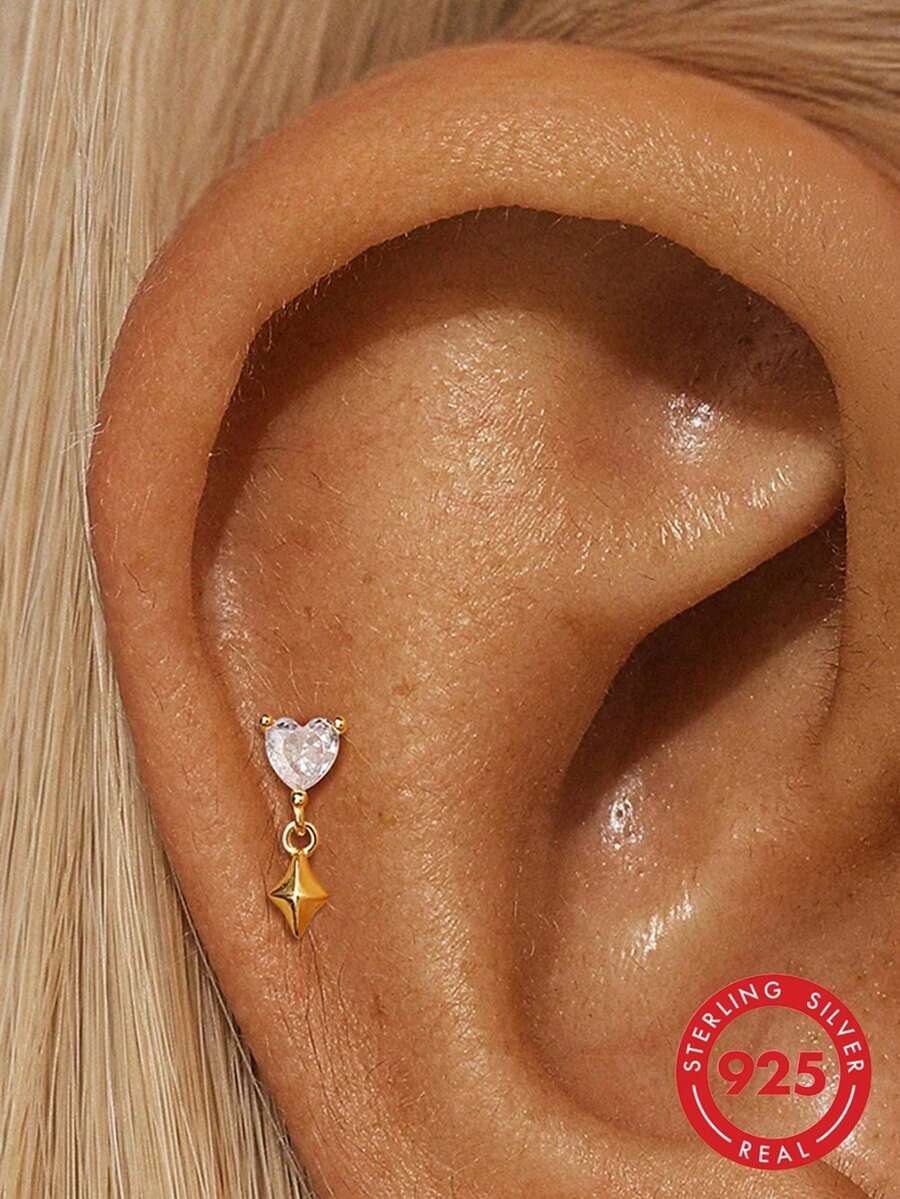 1 chiếc khuyên tai sụn hình trái tim tinh tế bằng bạc sterling 925, có khóa đôi và đính đá Cubic Zirconia, hình vuông dẹt, thích hợp để đeo hàng ngày, dự tiệc hoặc kỷ niệm.
