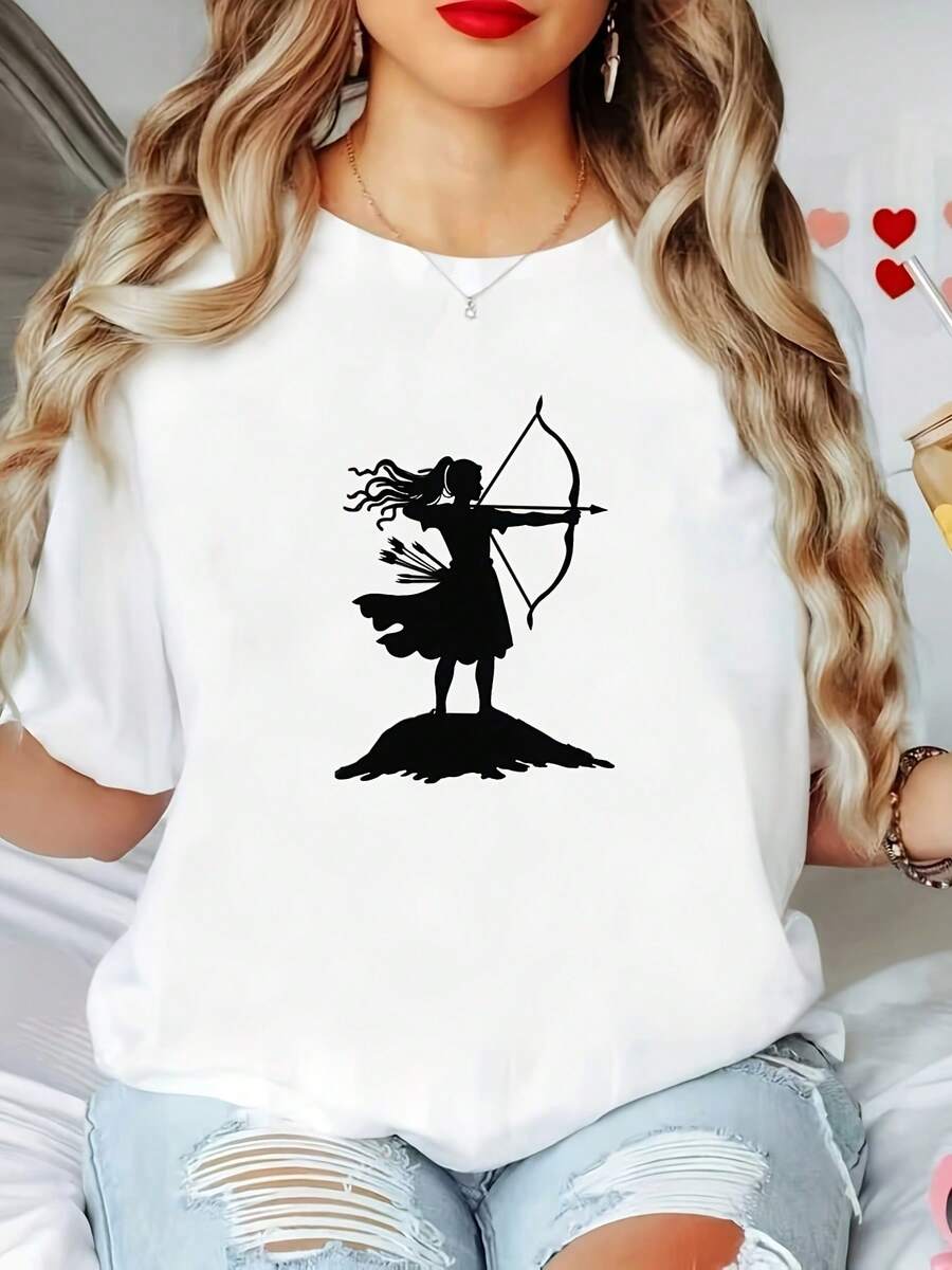Plus Size T-Shirt, Green With Black Archery Design, White Cropped Crew Neck Printed T-Shirt - Washable, Casual Style, Comfortable Fit, Fashionable Design, Versatile For Everyday Wear, Soft Fabric, Style - 白色 - 查看 1
