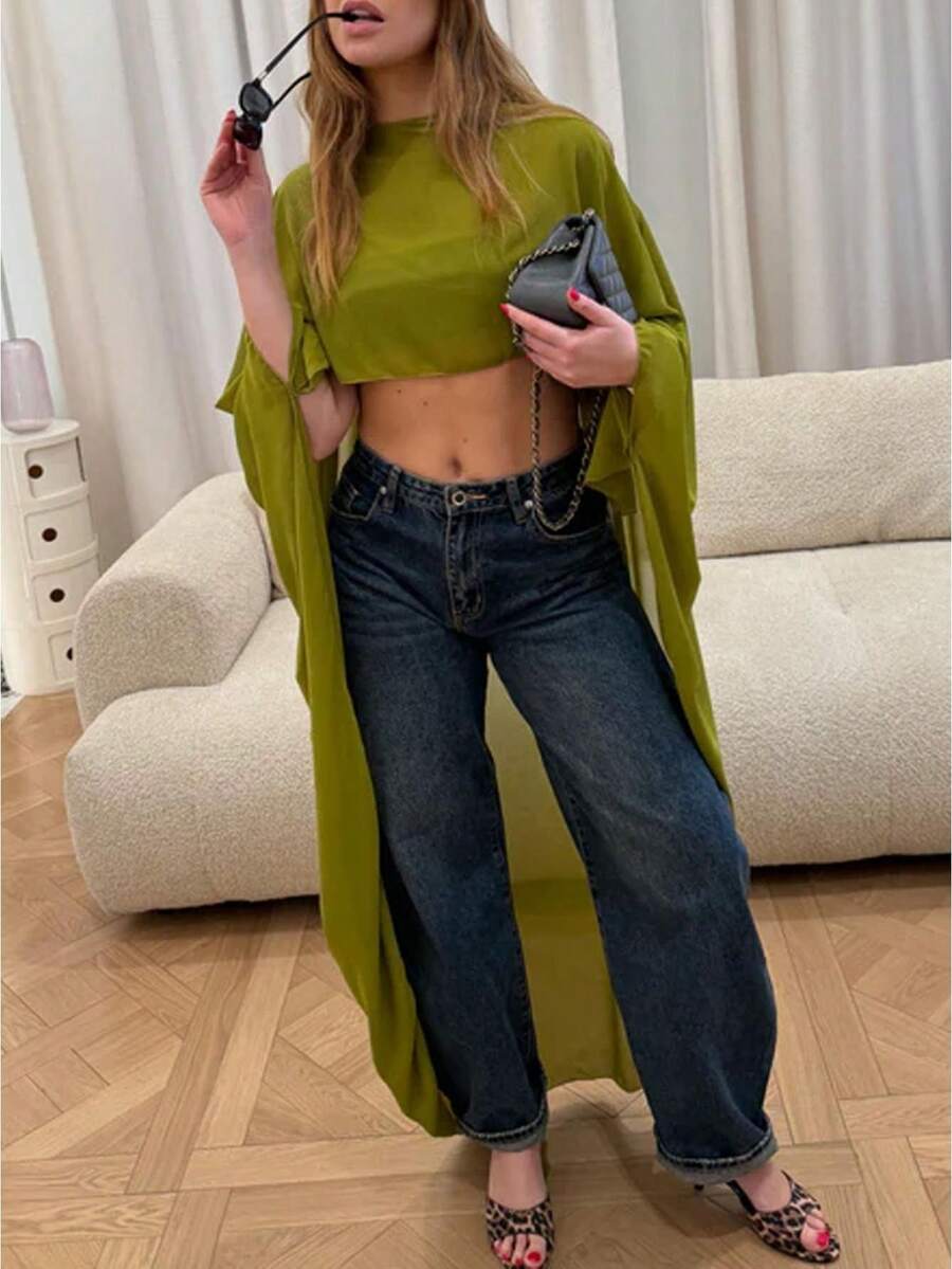Women Chiffon Cape Poncho Sheer Mesh Long Shawl Wrap High-Low Capelet Bridal Wedding Evening Dress Cover Up - 綠色 - 查看 1