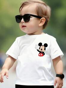 Disney Licensed Cool Mickey Mouse With Sunglasses "MICKEY MOUSE" Double-Sided Print Kids' T-Shirt, Eye-Catching Street Style Tee, Machine Washable, Great For Daily Activities, Playdates, Casual Outings And Everyday Wear, Shipped From Local Warehouse - trắng - Xem 2