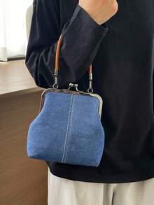 Tas Selempang Kulit PU untuk Wanita, Tas Tangan dengan Gesper Bergaya Vintage, Tali Bahu yang Dapat Diatur, Tas Bahu Tunggal Ringan Warna Polos dengan Lapisan Poliester - Biru - View 5