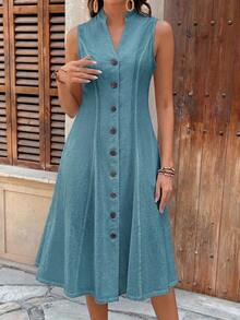 Women's Summer Geometric Pattern Print Round Neck Short-Sleeve Dress ,Summer Dress Button Dress 100 Cotton Dress Linen Dress For Women Women Sundress Cottagecore Dress - 水鴨藍 - 查看 3