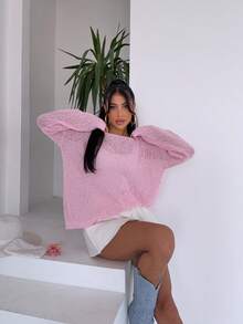 Blusa de manga dolman de cuello redondo de unicolor para vacaciones - Rosa - Ver 5