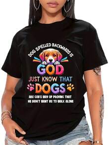 , camiseta de mujer, patrón invertido de "perro" a "Dios" - Negro Manga corta cuello redondo Diseño de pata de perro de dibujos animados de colores, adecuado para todas las estaciones, lavable en máquina, uso cómodo, elemento esencial para los amantes de las mascotas, estilo divertido - Negro - Ver 2