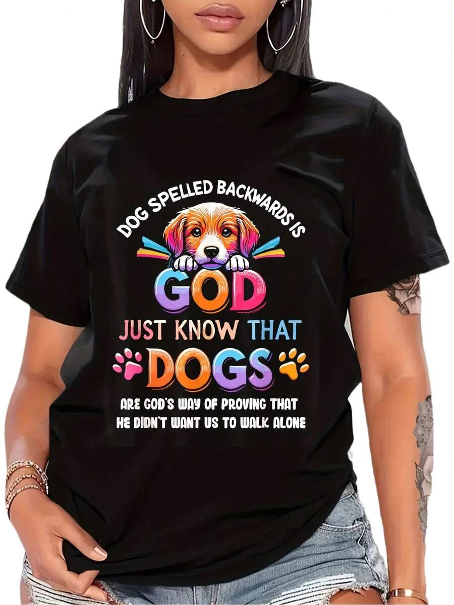 , camiseta de mujer, patrón invertido de "perro" a "Dios" - Negro Manga corta cuello redondo Diseño de pata de perro de dibujos animados de colores, adecuado para todas las estaciones, lavable en máquina, uso cómodo, elemento esencial para los amantes de las mascotas, estilo divertido