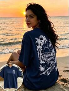 Plus Size Beach Sunset Print Short Sleeve T-Shirt, Casual Round Neck Top, Loose Fit Tee For Summer Vacations Navyblue - 藏青色 - 查看 14