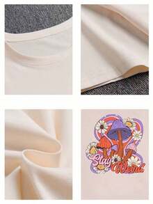 Mother GiftsPAYEAH 1pcs 100% Cotton Mushroom Cartoon Print Crew Neck 220g Heavy Cotton T Shirtgoing Out Outfits - Apricot - View 4