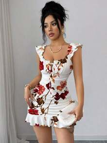 Vestido camisero con volantes en el bajo y hombros descubiertos, estilo vintage con estampado - Vestido entallado de línea A - Blanco y Negro 4 - Ver 7