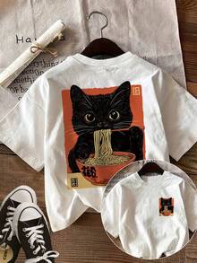 Women's Casual Japanese Style Reversible Printed T-Shirt With Round Neck, Short Sleeves And A Cat And Ramen Design, Ideal For Spring And Summer. - White - View 6