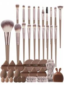 5/9/42pcs Brown Makeup Tool Set, Includes 20pcs Professional Makeup Brush Set, Makeup Sponge, Triangle And Round Powder Puff, Headband, Silicone Cleaning Bowl, Complete Makeup Accessories, Suitable For Foundation, Eyeshadow, Primer - Brown - View 1