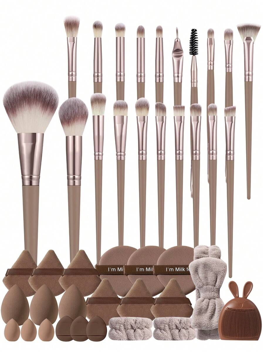 5/9/42pcs Brown Makeup Tool Set, Includes 20pcs Professional Makeup Brush Set, Makeup Sponge, Triangle And Round Powder Puff, Headband, Silicone Cleaning Bowl, Complete Makeup Accessories, Suitable For Foundation, Eyeshadow, Primer - Brown - View 1