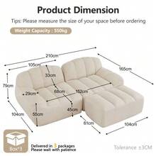 2-Seater L-Shaped Modular Boneless Sofa, Shell Shape, Deep Seat Cushions With 1 Ottoman, Sofa For Living Room, No Assembly Required, Beige White WL - Beige White - View 2