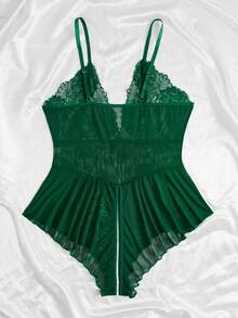 Plus Size Women Lace Patchwork Sexy Lingerie Bodysuit - Green - View 2