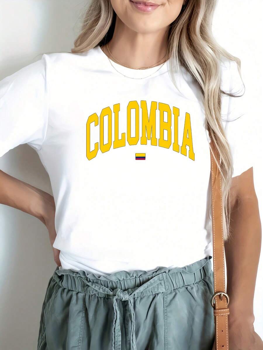 Women's Casual Crew Neck Short Sleeve T-Shirt With Colombia Letter Print, Sportummer Tee, Breathable Fabric - 白色 - 查看 1