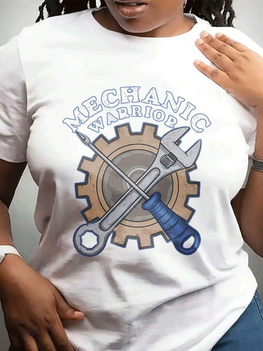 Camiseta casual de moda de cuello redondo de la mujer del día de la madre | Sved corto, tejido estirable ligero, diseño de guerrero mecánico con patrón geométrico, adecuado para Dailpor y regalos