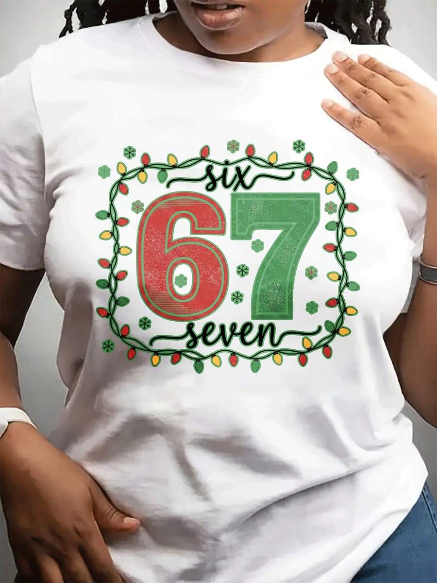 Camiseta casual de moda de cuello redondo de las señoras de Navidad corto Sved Top para Dailpor Wear, regalando a los amigos y la familia con Prin especial, creando un fuerte ambiente festivo