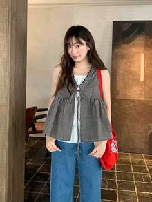 女款格紋背心上衣套裝，夏季設計黑色格紋襯衫 - 黑色 - 查看 5